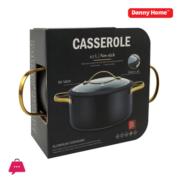 Danny Home Modern Black 2.7L Casserole Pot with Glass Lid 20cm