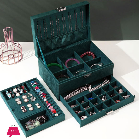 New Jewelry Box Green Stud Organizer Large Ring Necklace Makeup Holder Velvet Jewelry Cases With Lock For Women Gifts