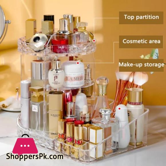 360° Rotating Makeup Organizer Stand with Cosmetic Holder Tray Acrylic