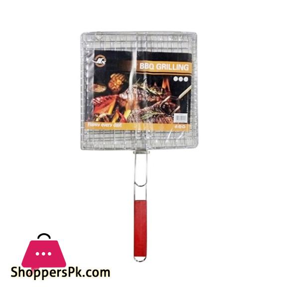 BBQ Square Grill Pan Wooden Handle Grill Bar B Q Stainless Steel Fish & Chicken 25x25cm
