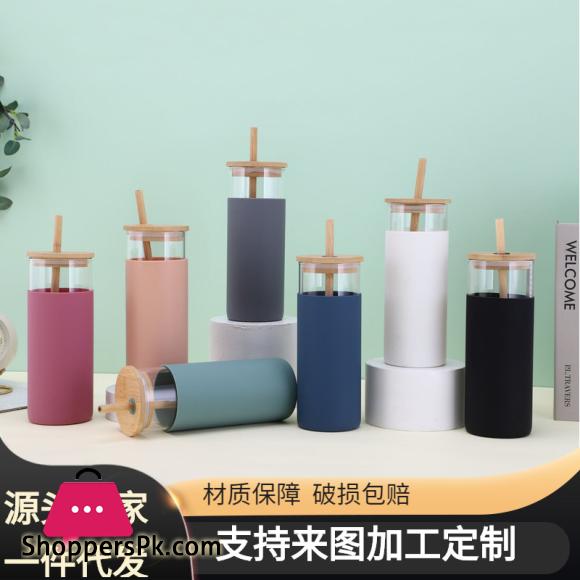Creative Bamboo Cover Borosilicate Straw Glass Cup with Silicone Case Simple Milky Tea Cup Tumbler Plain