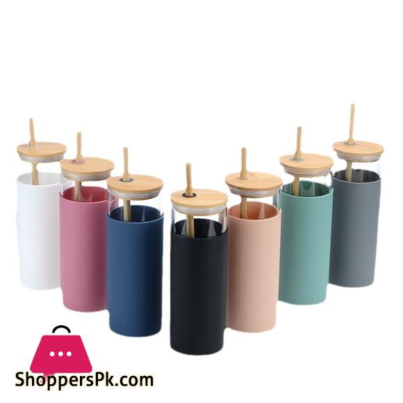 Creative Bamboo Cover Borosilicate Straw Glass Cup with Silicone Case Simple Milky Tea Cup Tumbler Plain