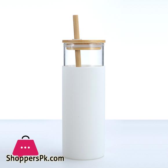Creative Bamboo Cover Borosilicate Straw Glass Cup with Silicone Case Simple Milky Tea Cup Tumbler Plain
