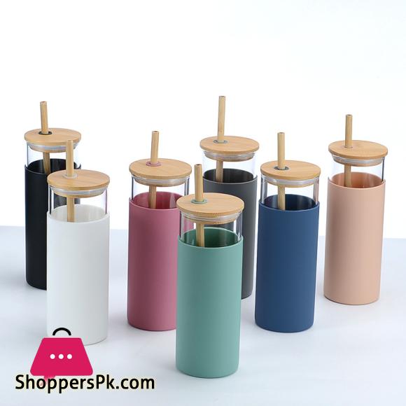 Creative Bamboo Cover Borosilicate Straw Glass Cup with Silicone Case Simple Milky Tea Cup Tumbler Plain