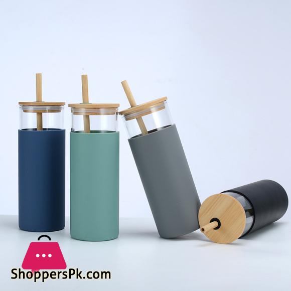 Creative Bamboo Cover Borosilicate Straw Glass Cup with Silicone Case Simple Milky Tea Cup Tumbler Plain