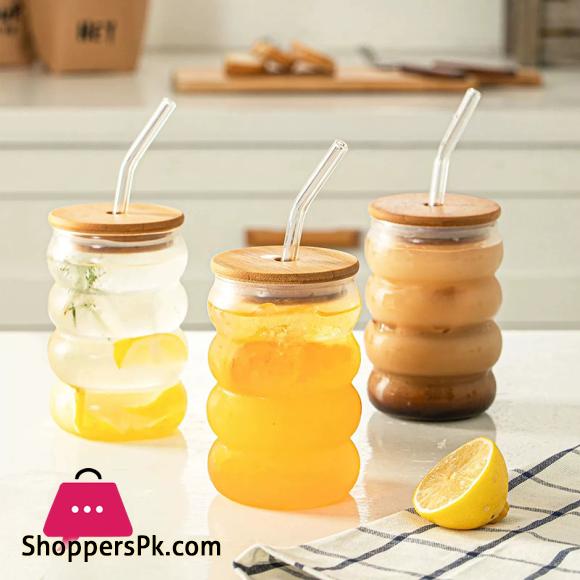 Creative Glass Cup with Lid Straw Heat-resistant Wave Cup Beer Juice Ice Coffee Cups Cocktail Fruit Glass Drinkware - 1PCS