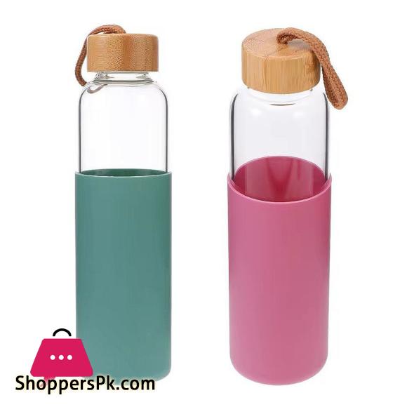 Glass Water Bottle With Wooden Cap & Silicone Cover Assorted Colors