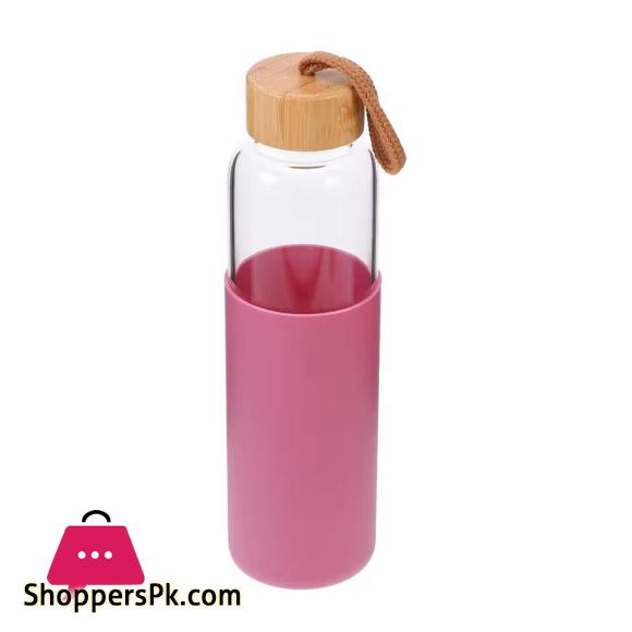 Glass Water Bottle With Wooden Cap & Silicone Cover Assorted Colors