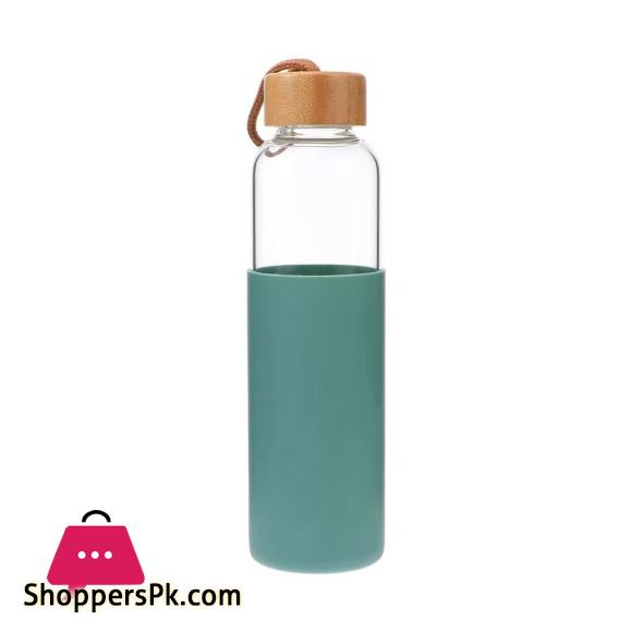 Glass Water Bottle With Wooden Cap & Silicone Cover Assorted Colors