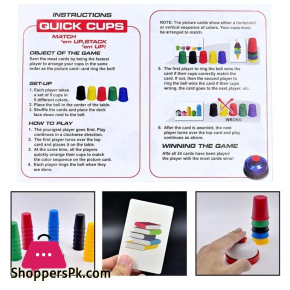 Quick Cups Games for Kids,Classic Speed Cup Game for Parent-Child Interactive Stacking Cups Game with 24 Picture Cards, 30 Cups (6 Sets of 5 Colors Each), Bell &Instructions