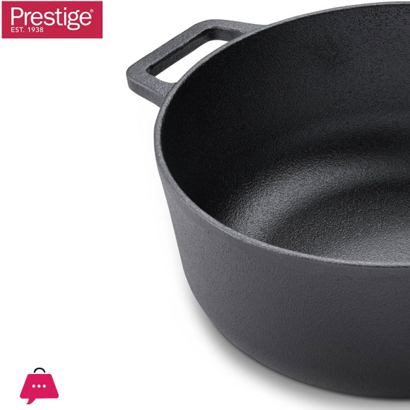 Prestige Cast Iron Casserole 20 CM Induction with Glass Lid Biryani Pot with Heavy Bottom Cast Iron Cookware - 48896