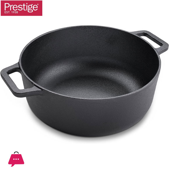 Prestige Cast Iron Casserole 20 CM Induction with Glass Lid Biryani Pot with Heavy Bottom Cast Iron Cookware - 48896
