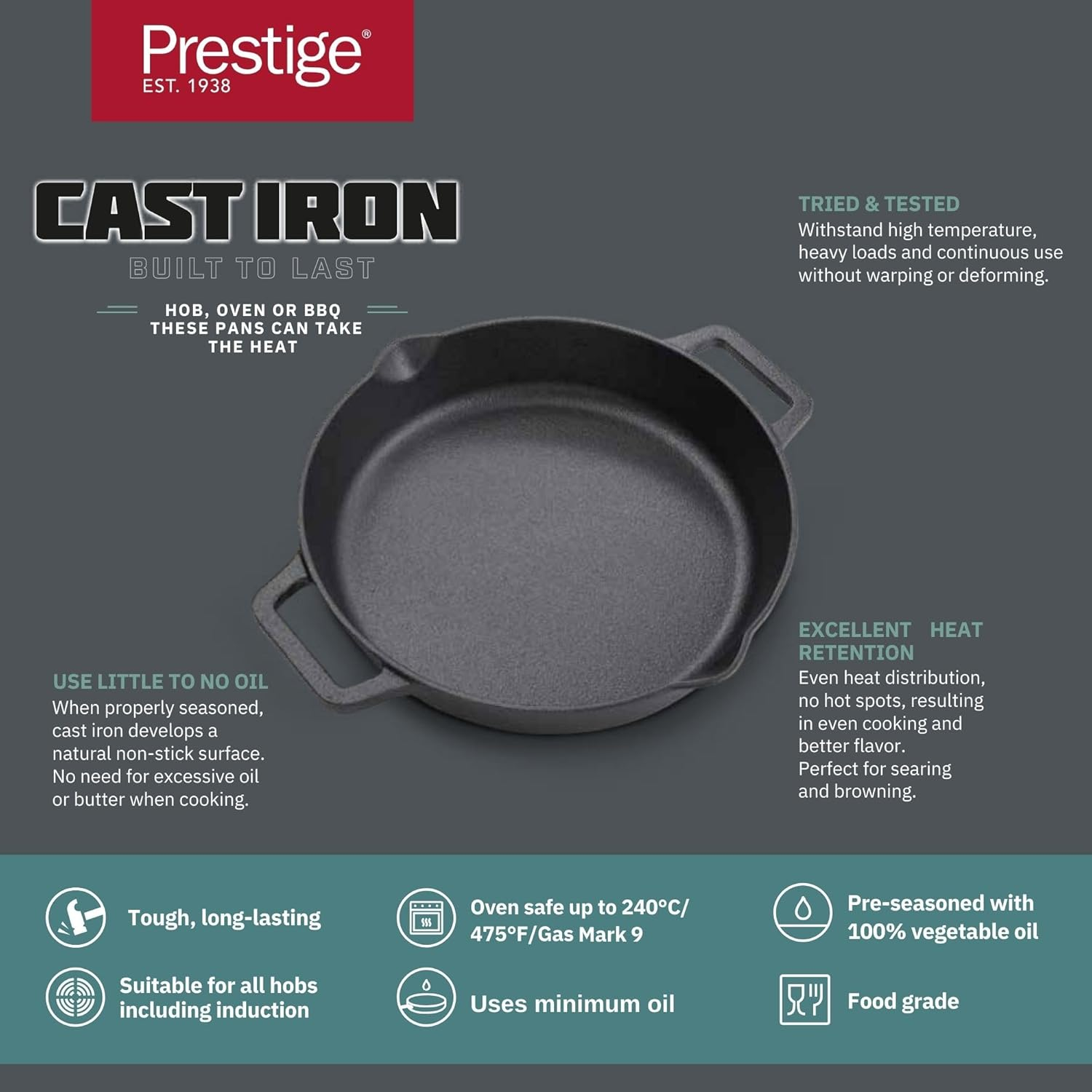 Prestige Cast Iron Dual Handle Fry Pan 24 cm Cast Iron Skillet - 48887