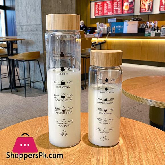 Glass Water Bottle with Time Marker Motivational Cup for Sport Fitness Leakproof Drinking Bottle 1000ml