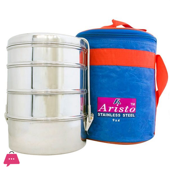 Indian Stainless Steel Tiffin Lunch Box with Hot Bag 9X4