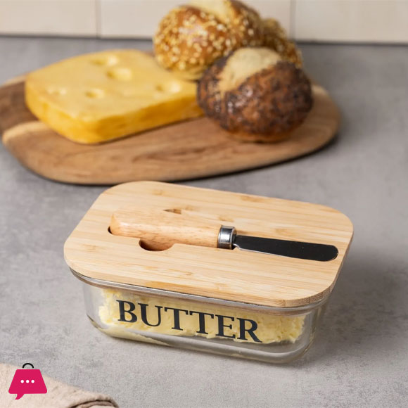 Pyrex Glass Butter Dish with Wood Lid and Knife