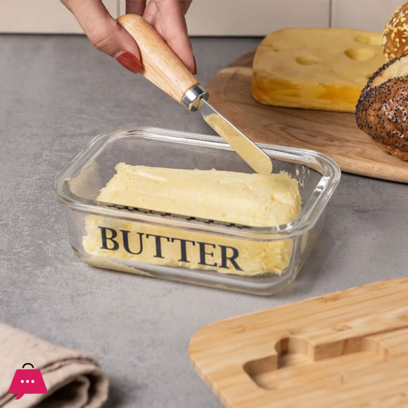 Pyrex Glass Butter Dish with Wood Lid and Knife