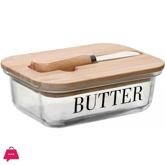Pyrex Glass Butter Dish with Wood Lid and Knife