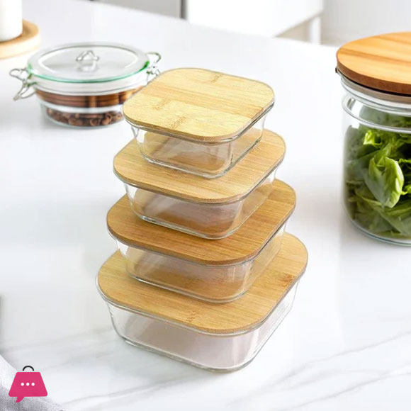 Airtight Glass Storage Containers Bamboo Lid Round & Square Set of 4