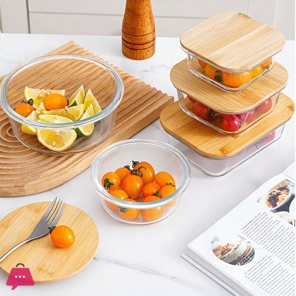 Airtight Glass Storage Containers Bamboo Lid Round & Square Set of 4