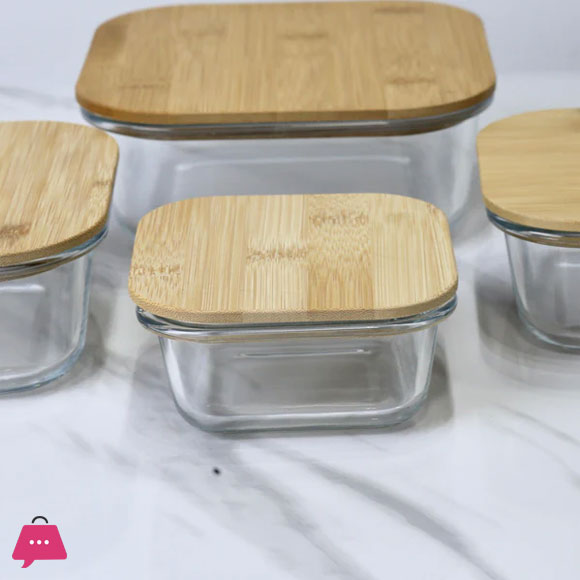 Airtight Glass Storage Containers Bamboo Lid Round & Square Set of 4