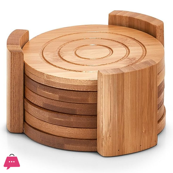 Bamboo Coaster Set with Holder Round