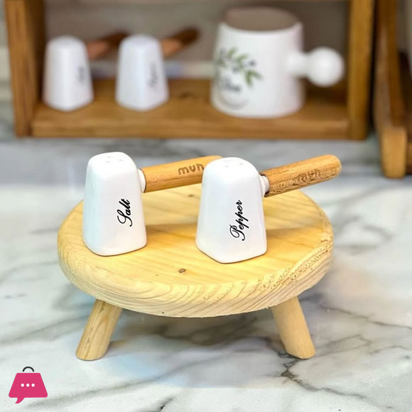 Ceramic Salt Shaker Set with Wooden Handle Bamboo Base