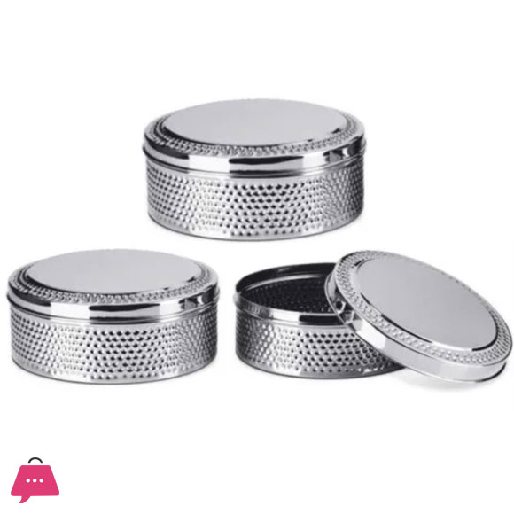 Indian Steel Puri Dabba Set Hammered Design Beautiful Perfect For Chapati - 3pcs