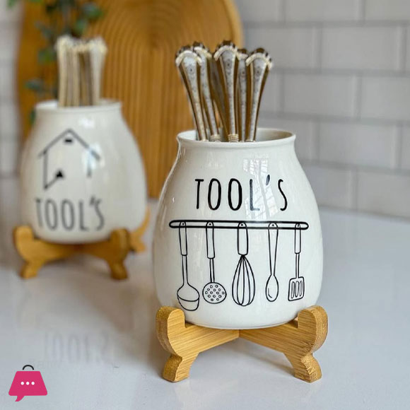 Porcelain Spoon Holder with Bamboo Stand