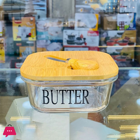 Pyrex Glass Butter Dish with Wood Lid and Knife