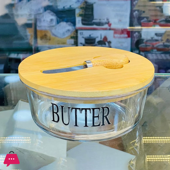 Pyrex Glass Butter Dish with Wood Lid and Knife