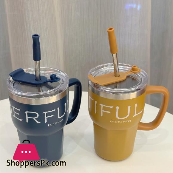 600ml Coffee Mug With Straw Lid Handle Stainless Steel Mug For Hot-Cold Drinks