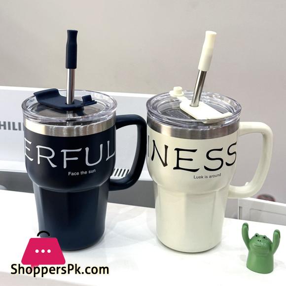 600ml Coffee Mug With Straw Lid Handle Stainless Steel Mug For Hot-Cold Drinks