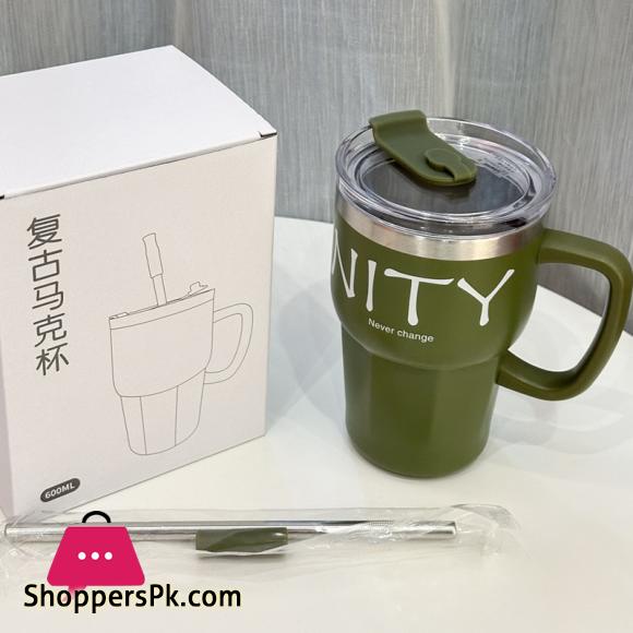 600ml Coffee Mug With Straw Lid Handle Stainless Steel Mug For Hot-Cold Drinks