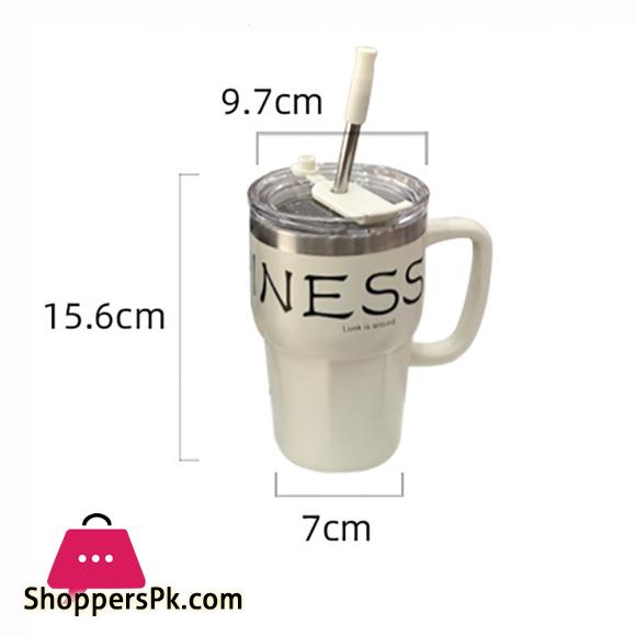 600ml Coffee Mug With Straw Lid Handle Stainless Steel Mug For Hot-Cold Drinks