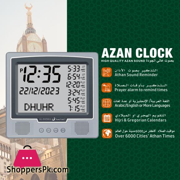 AL-FATIHA Azan Muslim Clock Digital Watch with Full Prayer Times Hijri Calendar Athan Prayer Time