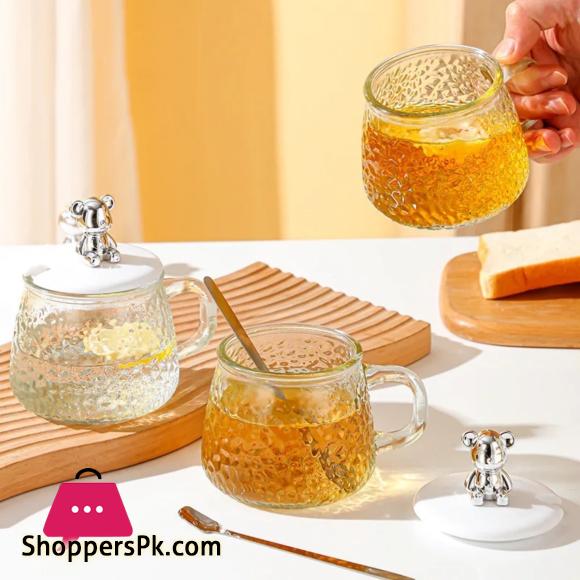 Bear Glass Cup 400ml Hammer Pattern Coffee Cups Drinkware Tea Mugs with Handle Transparent Glass Cup with Lid