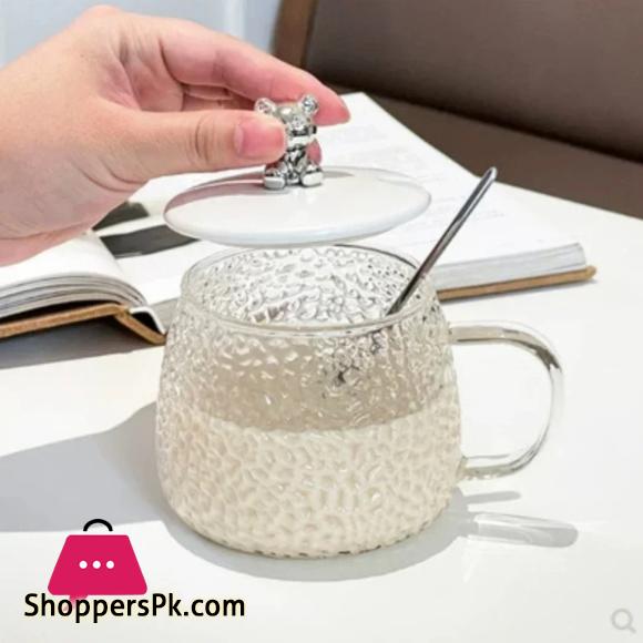 Bear Glass Cup 400ml Hammer Pattern Coffee Cups Drinkware Tea Mugs with Handle Transparent Glass Cup with Lid