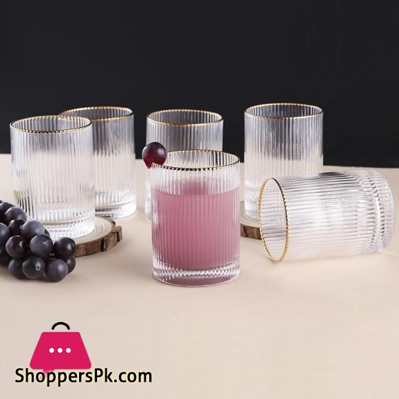 Drinkware Glass Set of 6 pcs – Ridged Stripe Gold Rim Glassware set