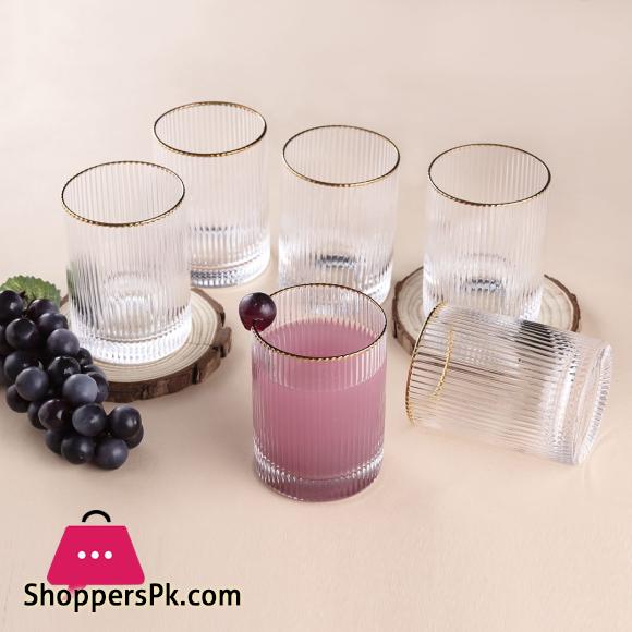 Drinkware Glass Set of 6 pcs – Ridged Stripe Gold Rim Glassware set