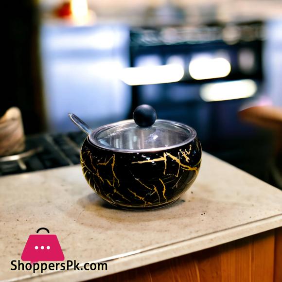 Stainless Steel Coffee Sugar Bowl With Spoon And Clear Glass Lid - Marble Design