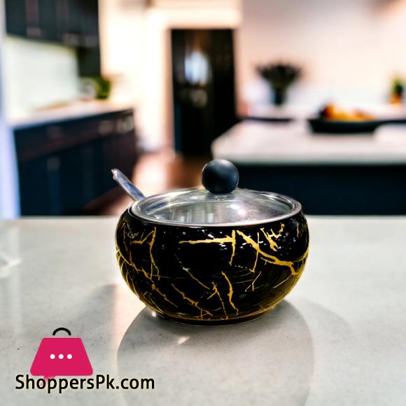 Stainless Steel Coffee Sugar Bowl With Spoon And Clear Glass Lid - Marble Design