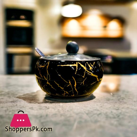 Stainless Steel Coffee Sugar Bowl With Spoon And Clear Glass Lid - Marble Design