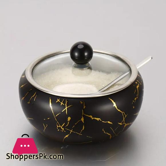Stainless Steel Coffee Sugar Bowl With Spoon And Clear Glass Lid - Marble Design