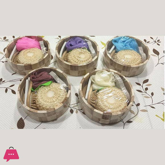 Bath Set with Bamboo Basket Back Scrubber Self Care Kit