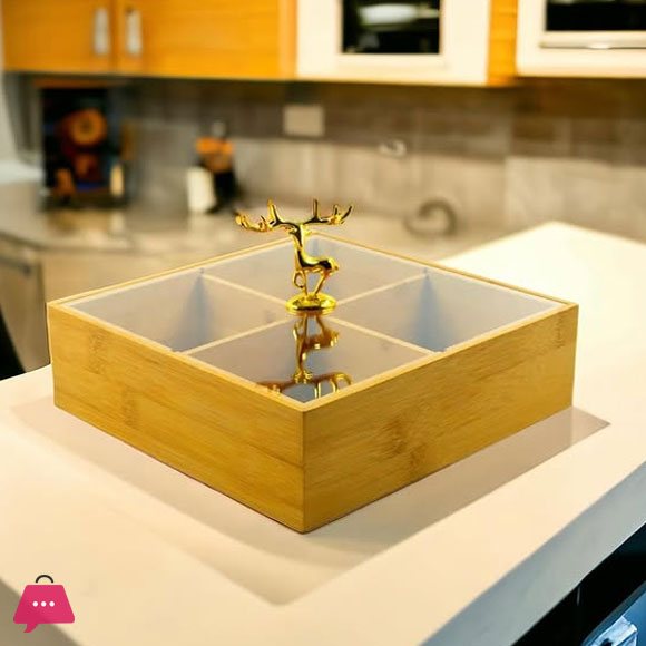 Golden Deer Wooden 4 Partition Dry Fruit Serving Dish