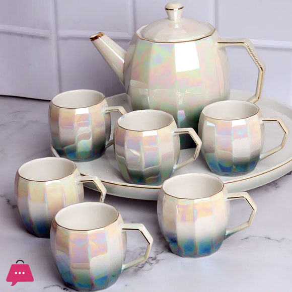 Holographic Tea Set 6 Cups Kettle & Revolving Tray