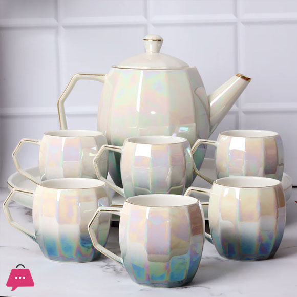 Holographic Tea Set 6 Cups Kettle & Revolving Tray