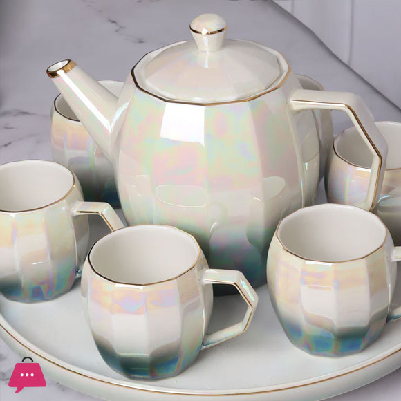 Holographic Tea Set 6 Cups Kettle & Revolving Tray
