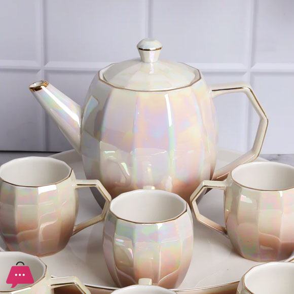 Holographic Tea Set 6 Cups Kettle & Revolving Tray